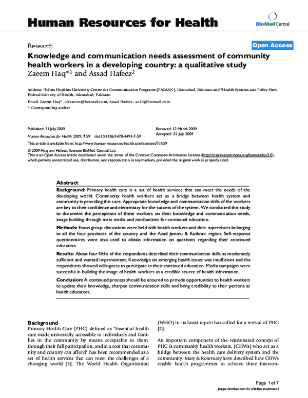 (PDF) Knowledge and communication needs assessment of community health ...