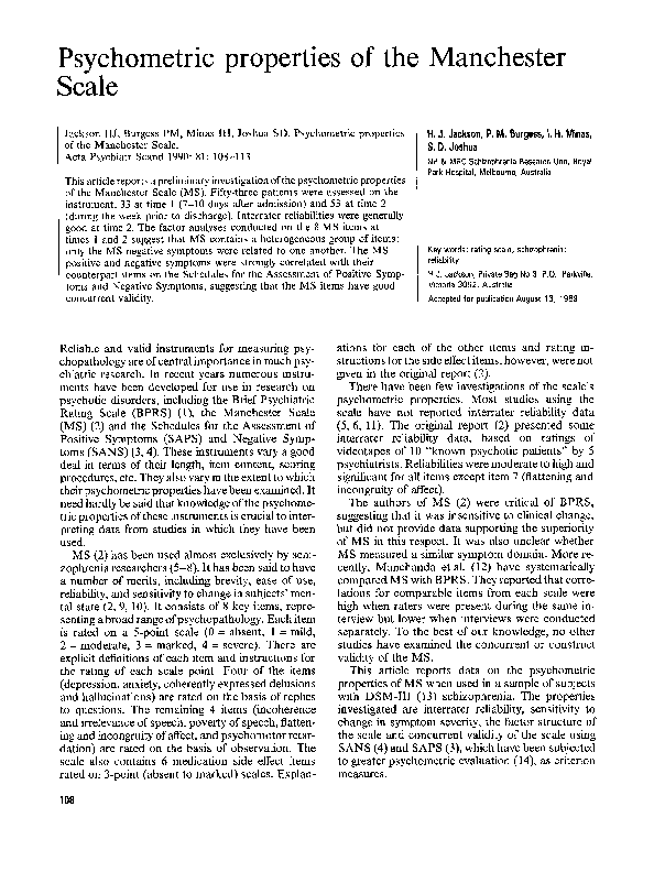 (PDF) Psychometric properties of the Manchester Scale