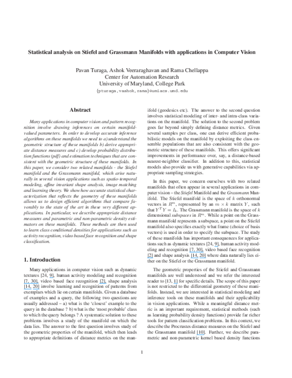 (PDF) Statistical analysis on Stiefel and Grassmann manifolds with ...