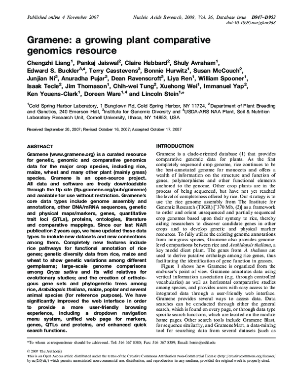 (PDF) Gramene: a growing plant comparative genomics resource