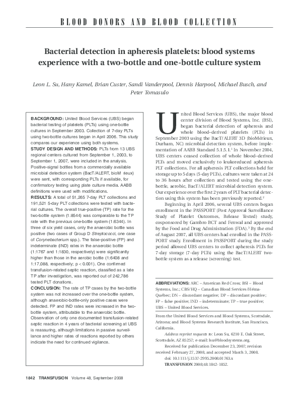 (PDF) Bacterial detection in apheresis platelets blood systems