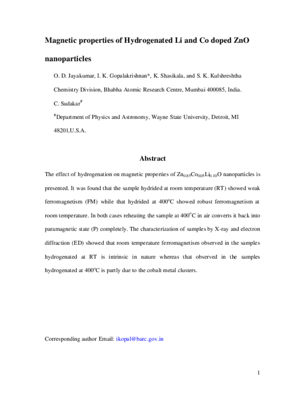 (PDF) Magnetic properties of hydrogenated Li and Co doped ZnO nanoparticles