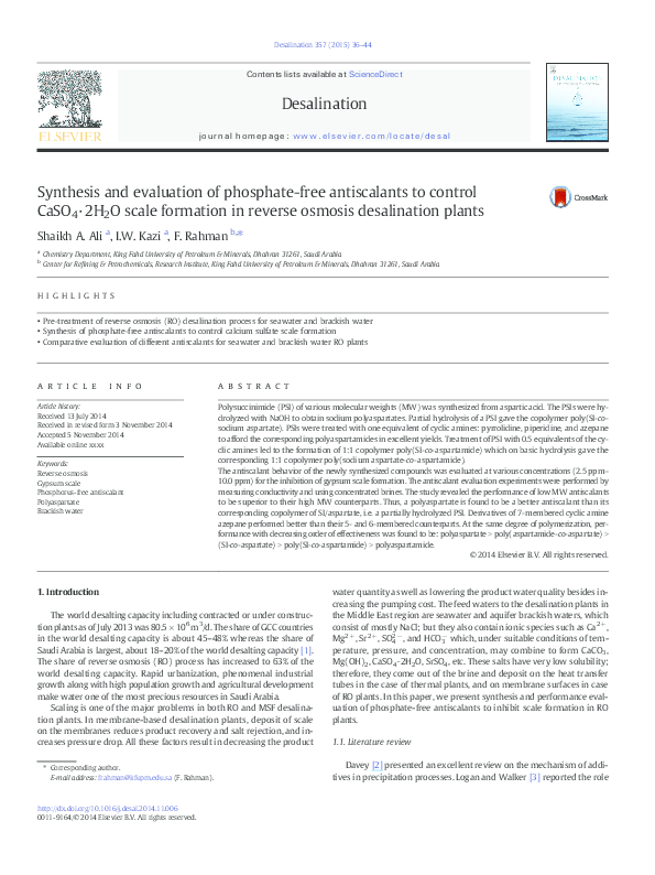(PDF) Synthesis and evaluation of phosphate-free antiscalants to ...