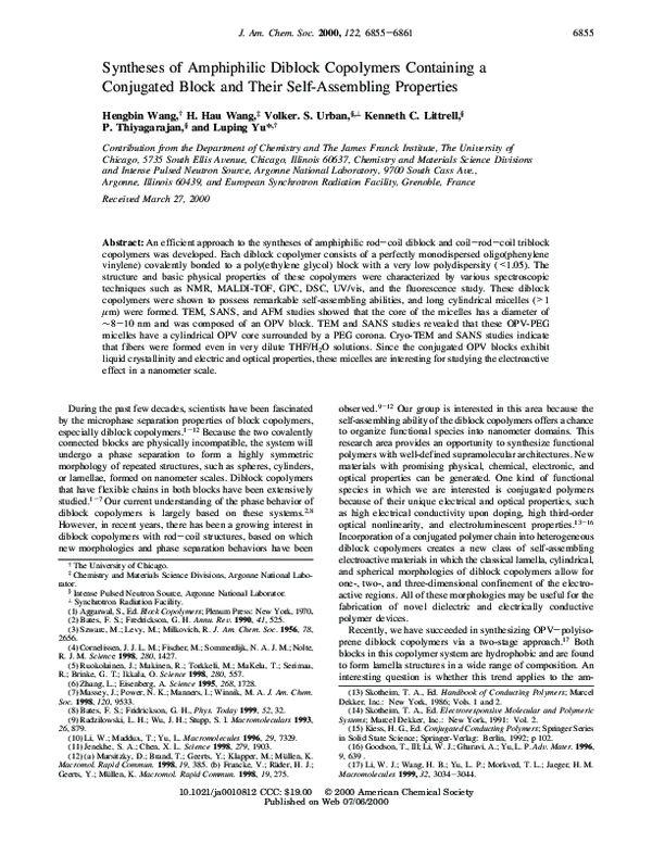 (PDF) Syntheses of Amphiphilic Diblock Copolymers Containing a ...