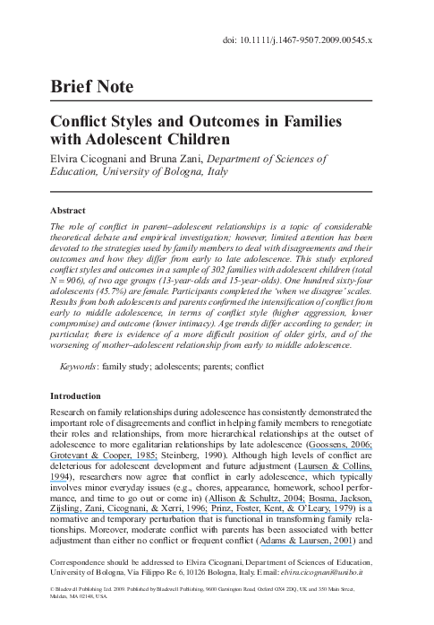 (PDF) Conflict Styles and Outcomes in Families with Adolescent Children