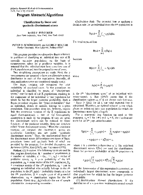 (PDF) Classification by linear and quadratic discriminant scores