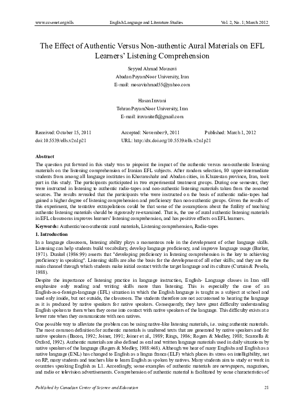 (PDF) The Effect of Authentic Versus Non-authentic Aural Materials on ...