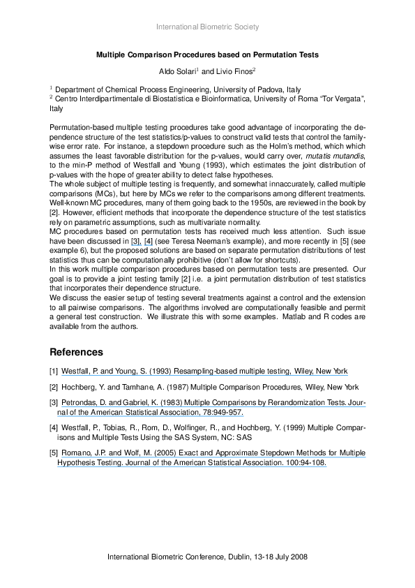(PDF) Multiple Comparison Procedures based on Permutation Tests
