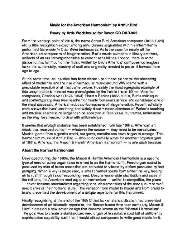 (PDF) Music for the American Harmonium by Arthur Bird Essay by Artis