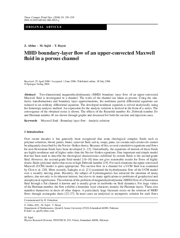 (PDF) MHD boundary-layer flow of an upper-convected Maxwell fluid in a ...