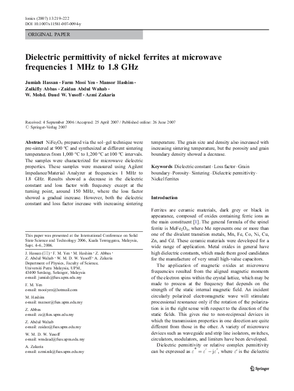 (PDF) Dielectric permittivity of nickel ferrites at microwave