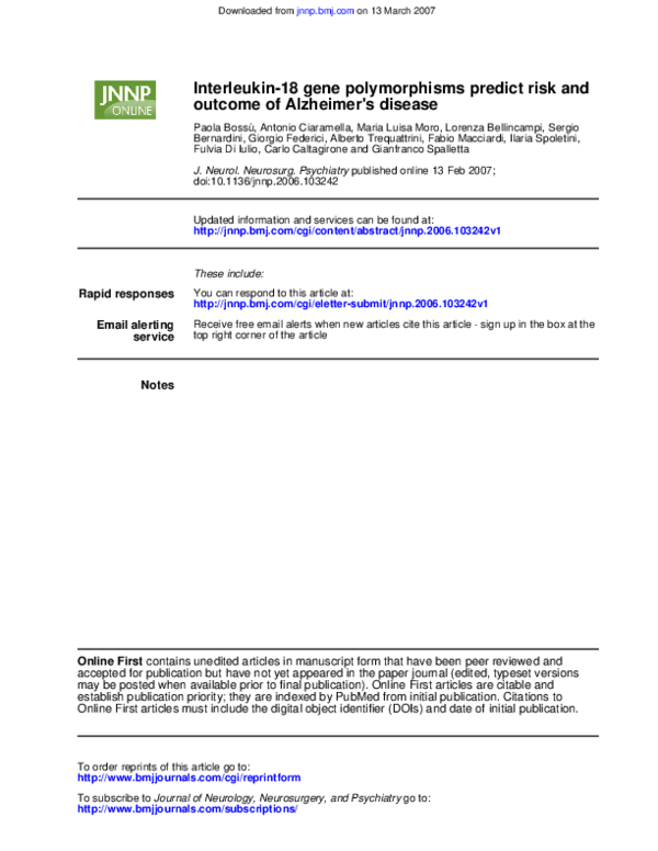(PDF) Interleukin 18 gene polymorphisms predict risk and outcome of ...