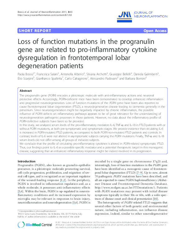 (PDF) Loss of function mutations in the progranulin gene are related to ...