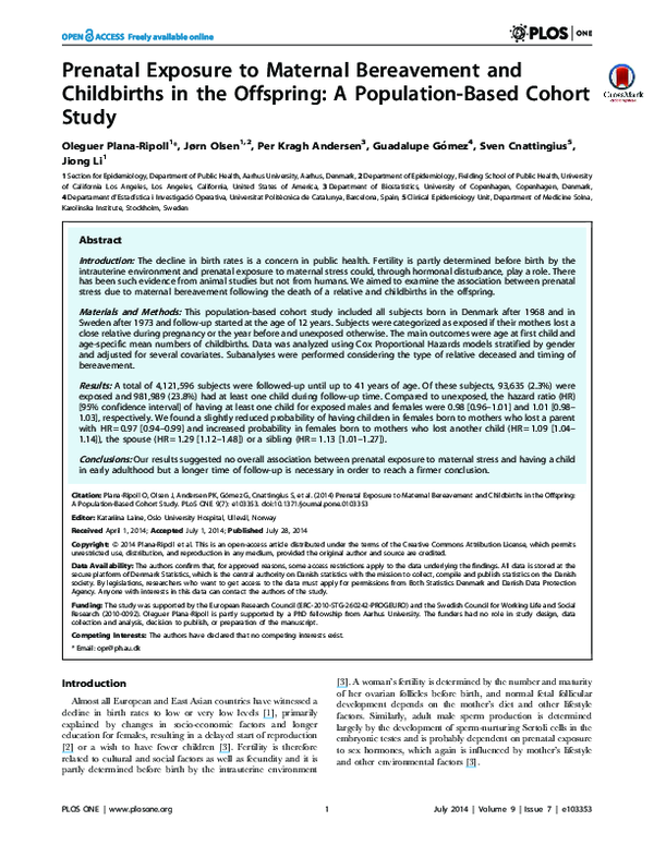 (PDF) Prenatal Exposure to Maternal Bereavement and Childbirths in the ...