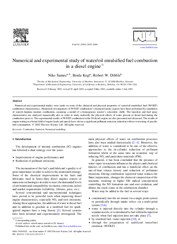 (PDF) Numerical and experimental study of water/oil emulsified fuel ...