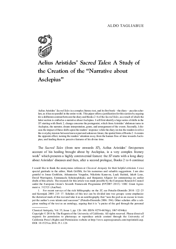 First page of “Aelius Aristides’ Sacred Tales: A Study of the Creation of the “Narrative about Asclepius””