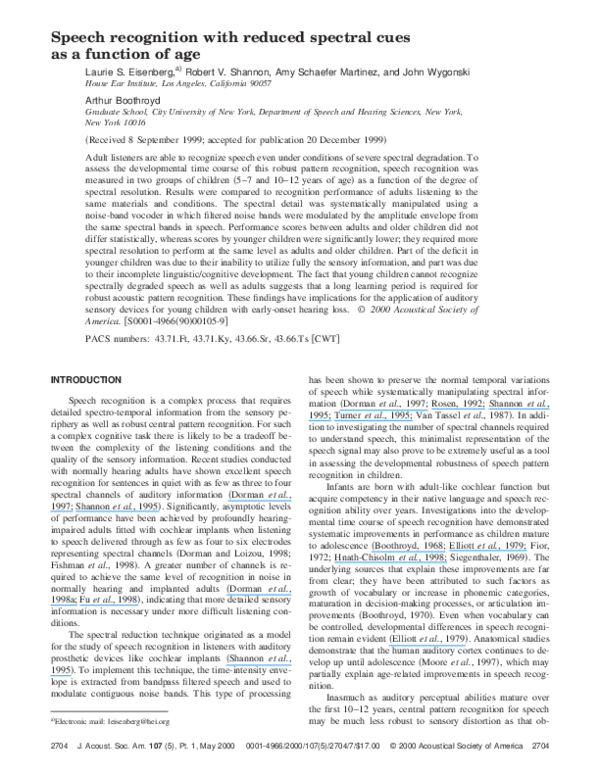 (PDF) Speech recognition with reduced spectral cues as a function of age