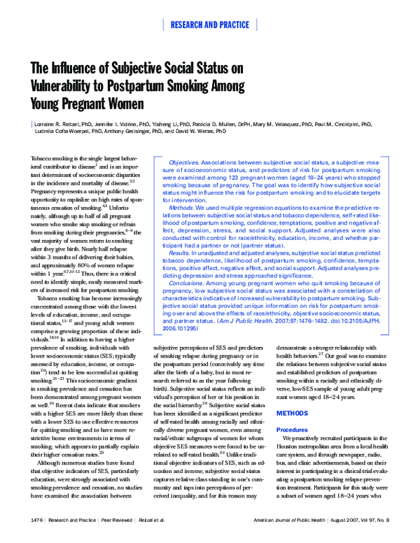 (PDF) The Influence of Subjective Social Status on Vulnerability to ...