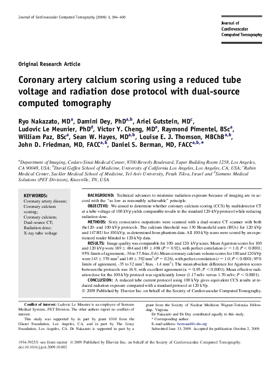 (PDF) Coronary artery calcium scoring using a reduced tube voltage and ...