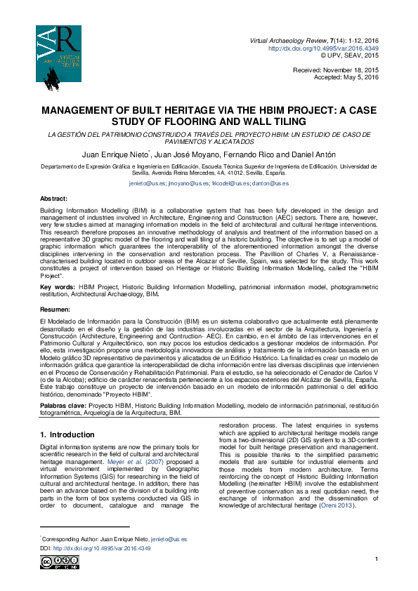 (PDF) MANAGEMENT OF BUILT HERITAGE VIA THE HBIM PROJECT: A CASE STUDY ...
