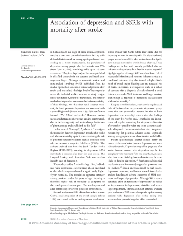 (PDF) Association of depression and SSRIs with mortality after stroke