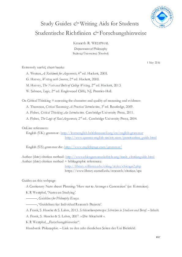 Study Aids for Students -- Studentische Hinweise = Liste