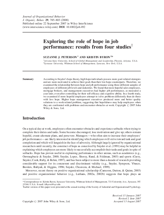 (PDF) Exploring the role of hope in job performance: Results from four ...