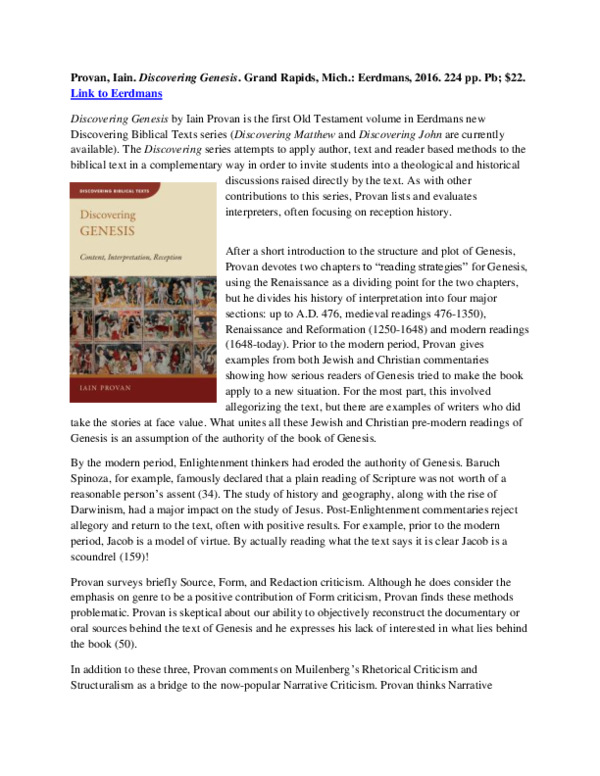 (PDF) Iain Provan, Discovering Genesis. Grand Rapids, Mich.: Eerdmans ...