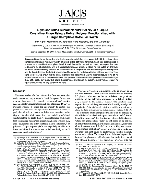 (PDF) Light-Controlled Supramolecular Helicity of a Liquid Crystalline ...