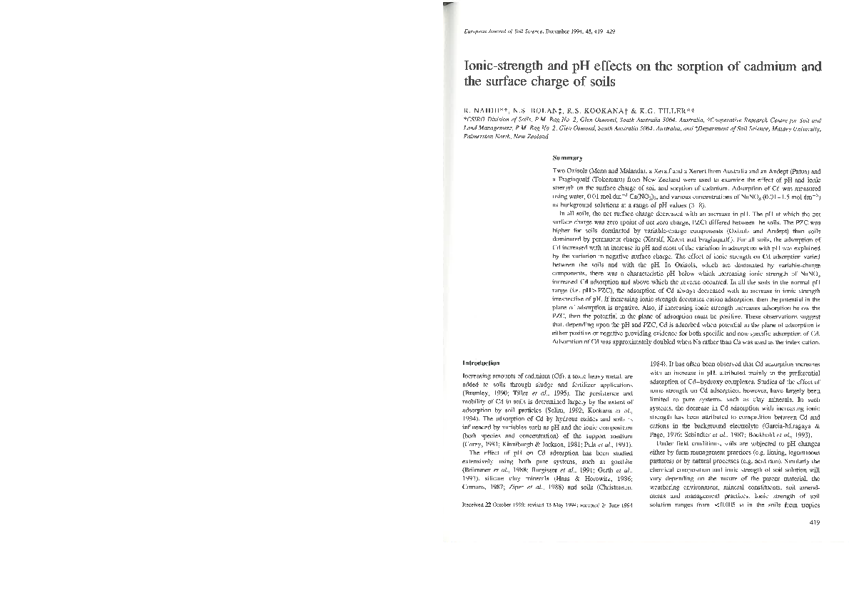 (PDF) Ionic‐strength and pH effects on the sorption of cadmium and the ...