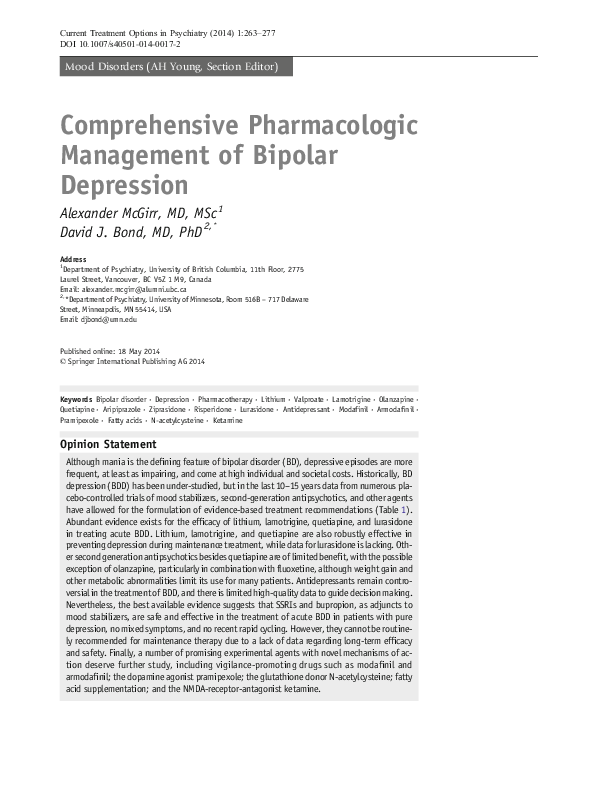 (PDF) Comprehensive Pharmacologic Management of Bipolar Depression