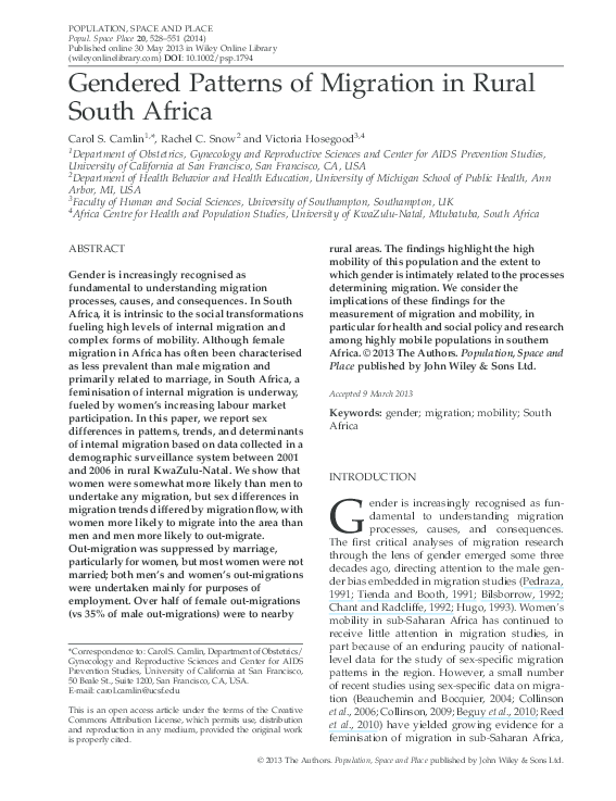 (PDF) Gendered Patterns of Migration in Rural South Africa