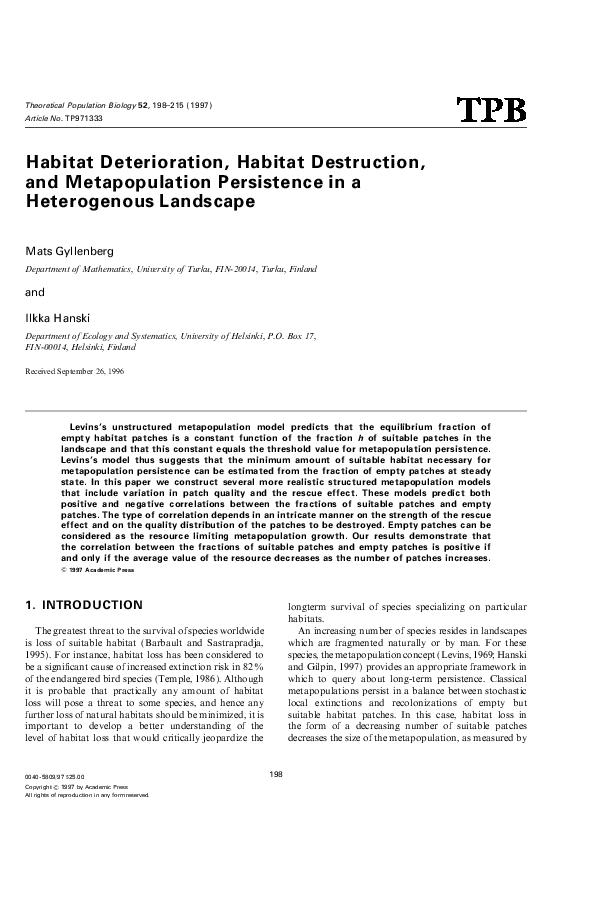 (PDF) Habitat Deterioration, Habitat Destruction, and Metapopulation