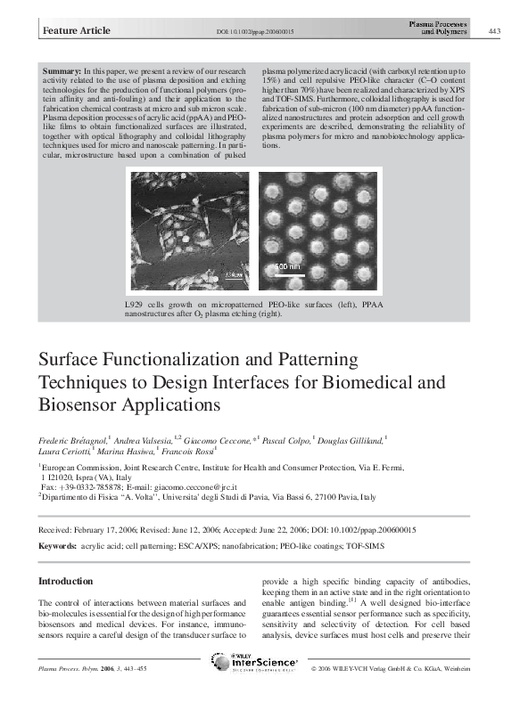 (PDF) Surface Functionalization and Patterning Techniques to Design ...