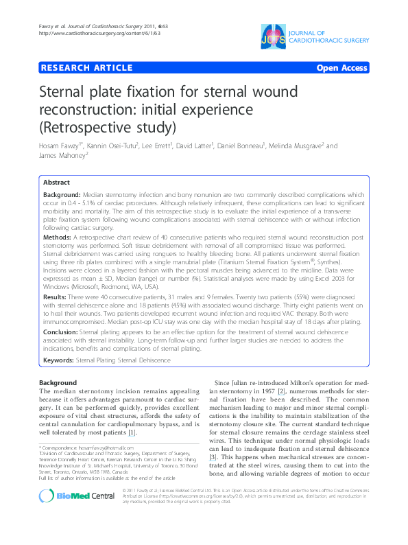 (PDF) Sternal plate fixation for sternal wound reconstruction: initial ...