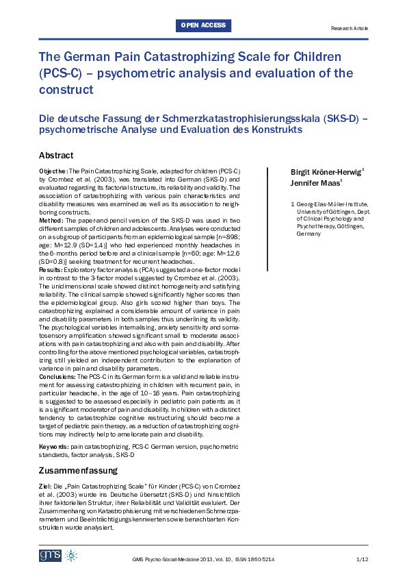 (PDF) The German Pain Catastrophizing Scale for Children (PCS-C ...