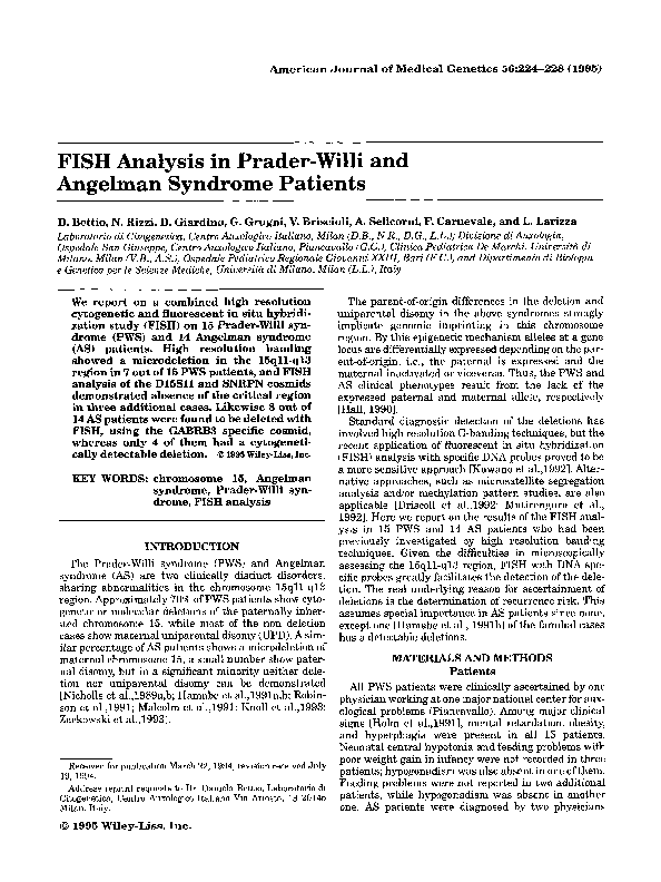 (PDF) FISH analysis in Prader-Willi and Angelman syndrome patients