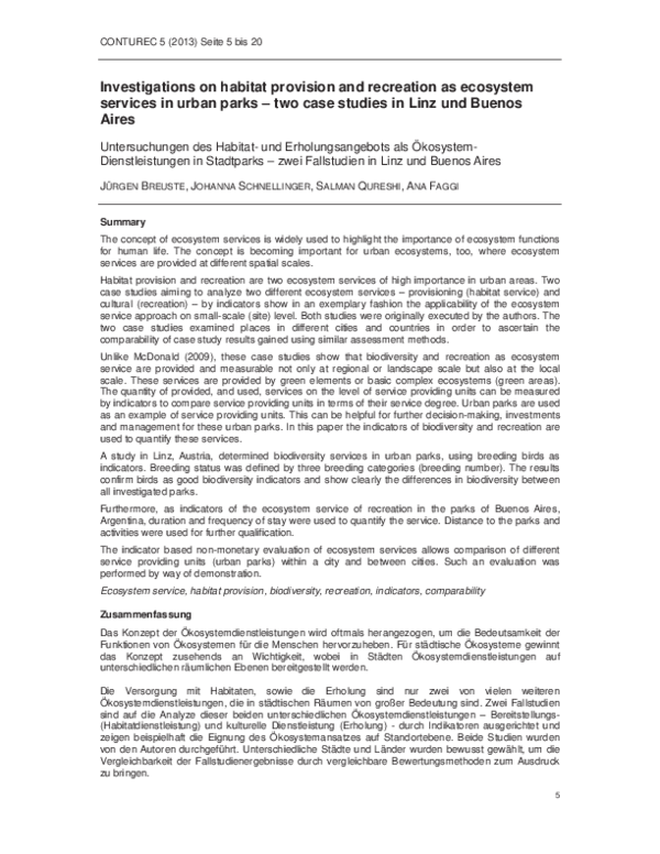 (PDF) Investigations on habitat provision and recreation as ecosystem