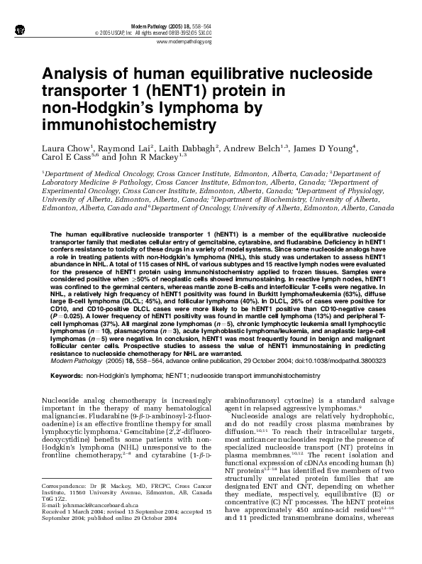 (PDF) Analysis of human equilibrative nucleoside transporter 1 (hENT1 ...