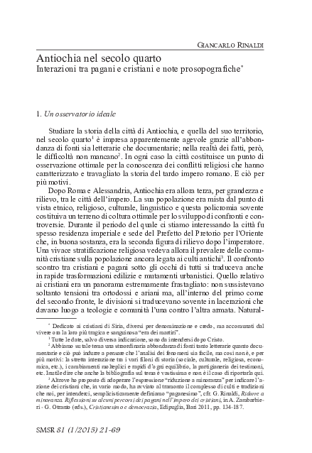 Antiochia nel secolo quarto. Interazioni tra pagani e cristiani e note prosopografiche