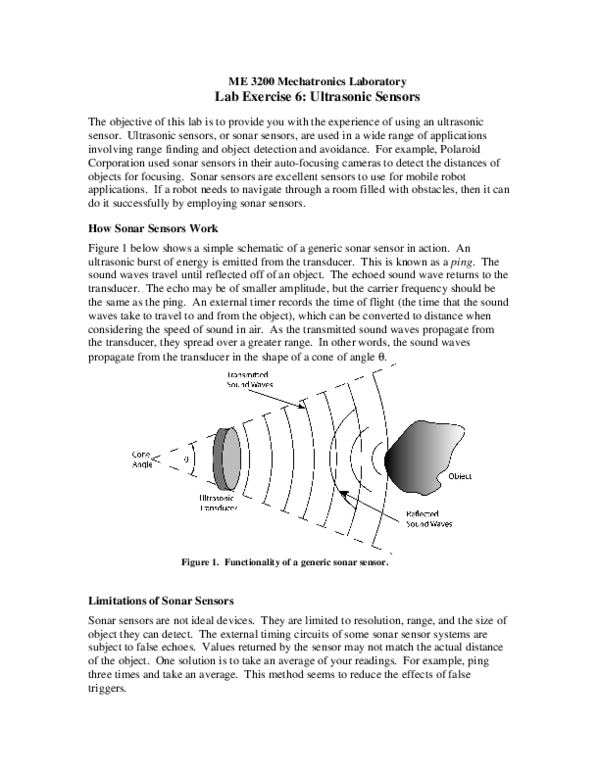 (PDF) ME 3200 Mechatronics Laboratory Lab Exercise 6: Ultrasonic Sensors