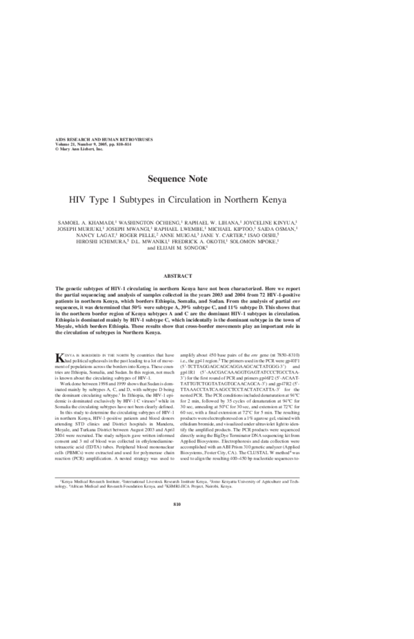 (PDF) HIV Type 1 Subtypes in Circulation in Northern Kenya