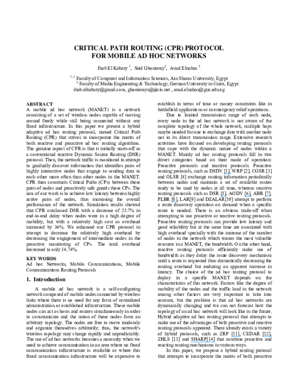 (PDF) Critical Path Routing (CPR) Protocol for Mobile Ad Hoc Networks