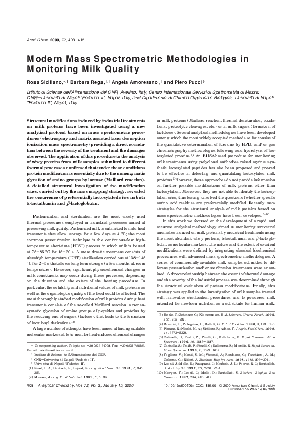 (PDF) Modern Mass Spectrometric Methodologies in Monitoring Milk Quality