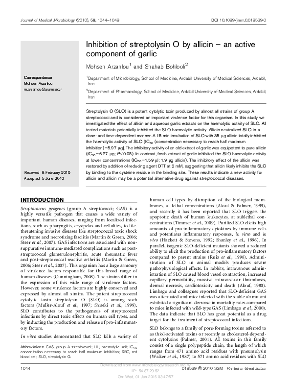 (PDF) Inhibition of streptolysin O by allicin - an active component of ...