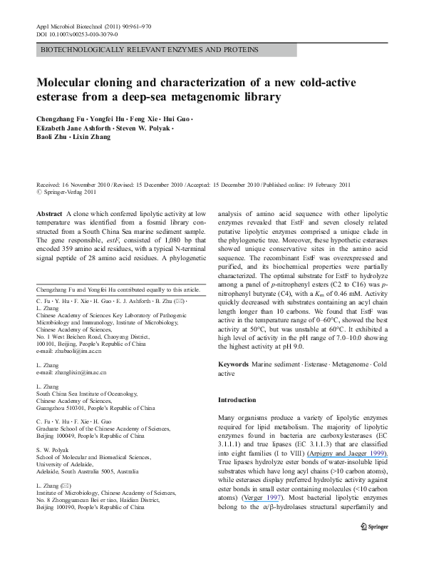 (PDF) Molecular cloning and characterization of a new cold-active ...