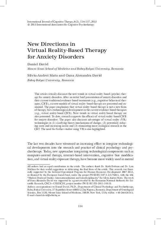 (PDF) New Directions in Virtual Reality-Based Therapy for Anxiety Disorders