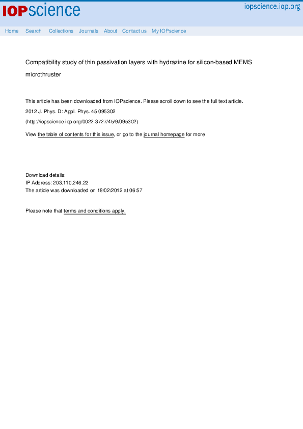 (PDF) Compatibility study of thin passivation layers with hydrazine for siliconbased MEMS