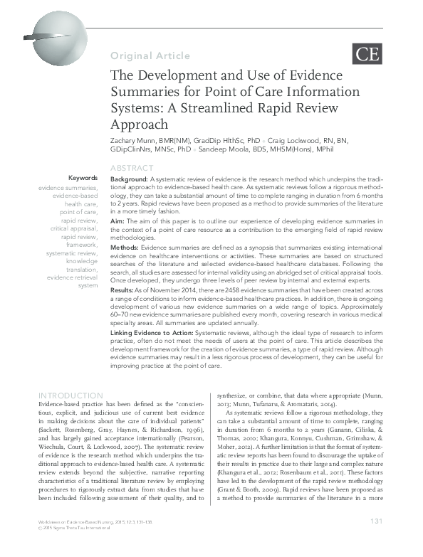 (PDF) The Development and Use of Evidence Summaries for Point of Care ...