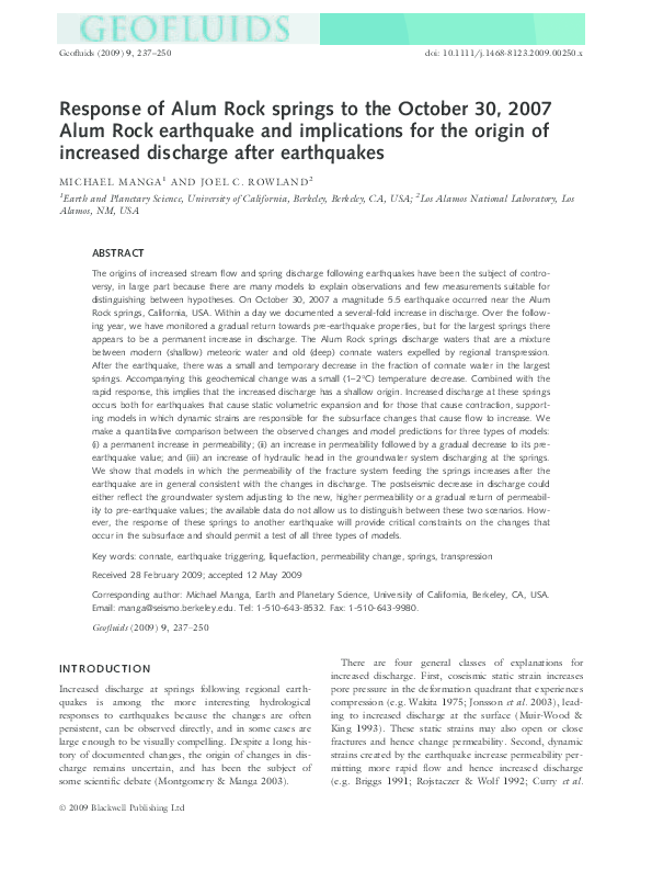 (PDF) Response of Alum Rock springs to the October 30, 2007 Alum Rock ...
